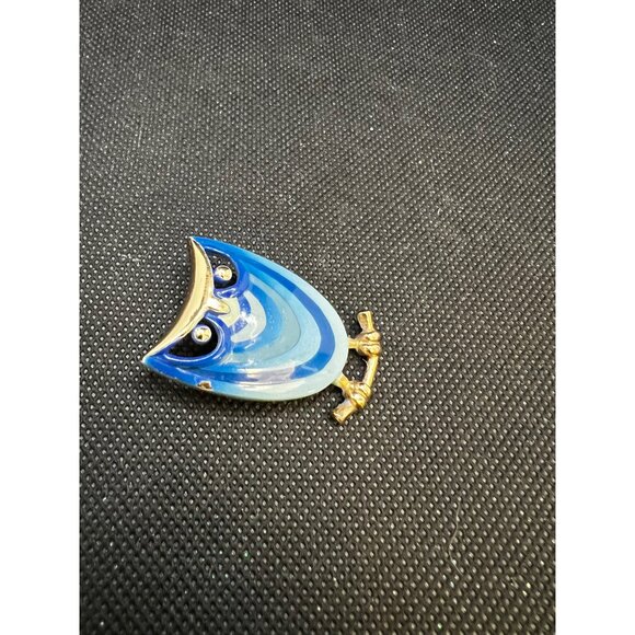 Eisenberg Enamel Blue Owl Brooch Pin With Gold Accents & Rhinestone Eyes - Picture 3 of 10